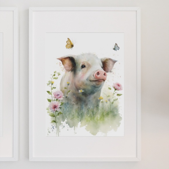 Watercolor Cute Floral Farm Pig Wall Art Illustration Print Poster Unframed - Picture 3 of 7